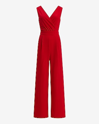 V-Neck Lace Back Wide Leg Jumpsuit with Pockets