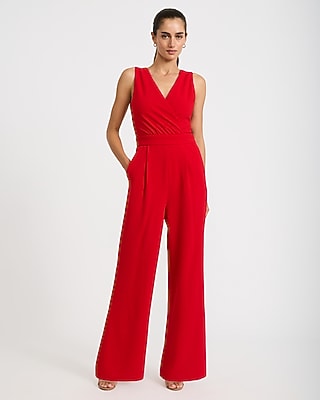 V-Neck Lace Back Wide Leg Jumpsuit with Pockets