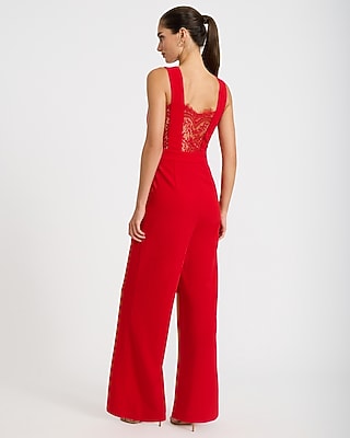 V-Neck Lace Back Wide Leg Jumpsuit with Pockets