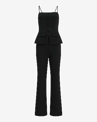 Square Neck Button Front Peplum Tailored Wide Leg Jumpsuit