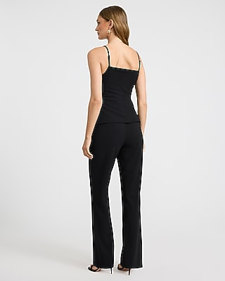 Square Neck Button Front Peplum Tailored Wide Leg Jumpsuit