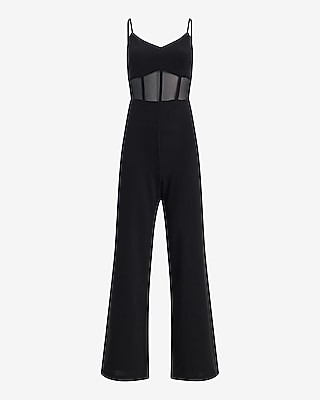 V-Neck Sheer Corset Wide Leg Jumpsuit