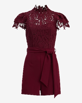 Lace Mock Neck Flutter Sleeve Tie Waist Romper
