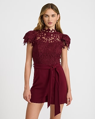 Lace Mock Neck Flutter Sleeve Tie Waist Romper