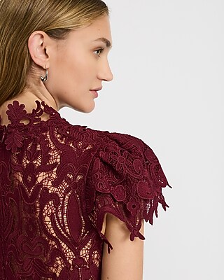 Lace Mock Neck Flutter Sleeve Tie Waist Romper