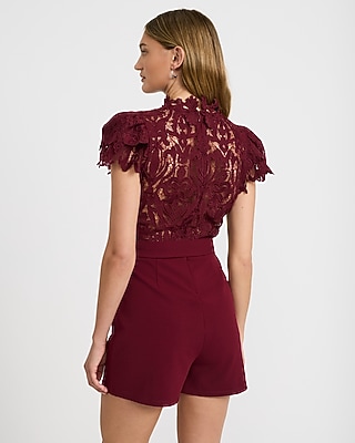 Lace Mock Neck Flutter Sleeve Tie Waist Romper