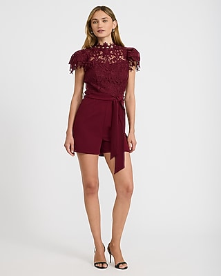 Lace Mock Neck Flutter Sleeve Tie Waist Romper