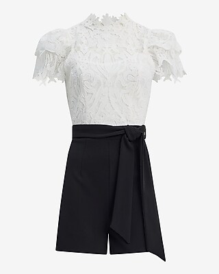 Lace Color Block Mock Neck Tie Waist Romper