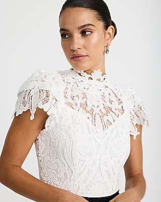 Lace Color Block Mock Neck Tie Waist Romper