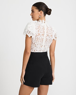 Lace Color Block Mock Neck Tie Waist Romper
