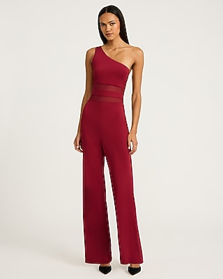 Mesh Pieced One Shoulder Wide Leg Jumpsuit