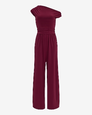 Off The Shoulder Ruched Wide Leg Knit Jumpsuit Express