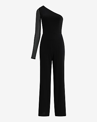 Sheer Mesh One Shoulder Wide Leg Jumpsuit | Express
