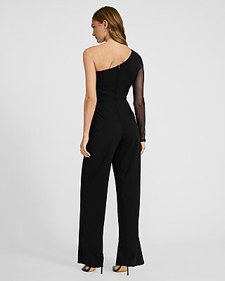 Sheer Mesh One Shoulder Wide Leg Jumpsuit | Express
