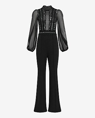 Lace Mock Neck Long Sleeve Wide Leg Jumpsuit | Express