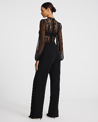Lace Mock Neck Long Sleeve Wide Leg Jumpsuit | Express