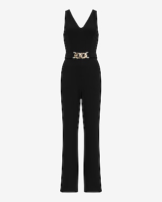 Crepe V-Neck Novelty Belt Wide Leg Jumpsuit with Pockets