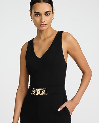 Crepe V-Neck Novelty Belt Wide Leg Jumpsuit with Pockets