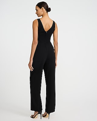 Crepe V-Neck Novelty Belt Wide Leg Jumpsuit with Pockets