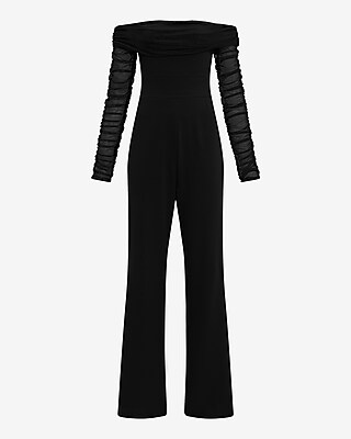 Ruched Mesh Off The Shoulder Wide Leg Jumpsuit