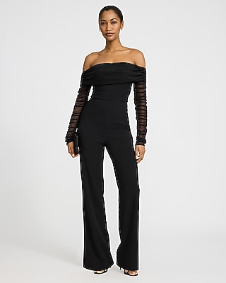Ruched Mesh Off The Shoulder Wide Leg Jumpsuit
