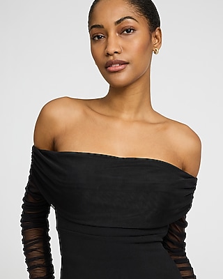 Ruched Mesh Off The Shoulder Wide Leg Jumpsuit