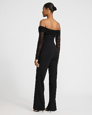 Ruched Mesh Off The Shoulder Wide Leg Jumpsuit