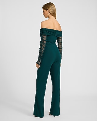 Ruched Mesh Off The Shoulder Wide Leg Jumpsuit