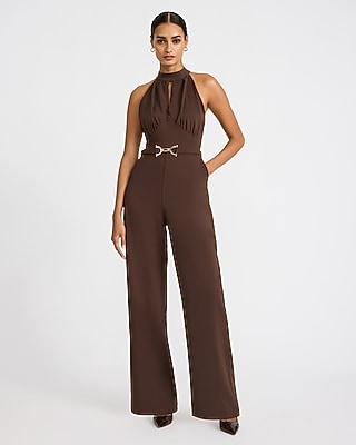 Halter Keyhole Belted Wide Leg Jumpsuit
