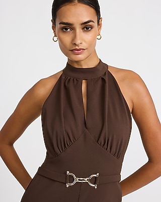 Halter Keyhole Belted Wide Leg Jumpsuit