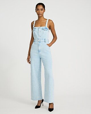 Denim Square Neck Overall Jumpsuit | Express