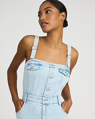 Denim Square Neck Overall Jumpsuit | Express
