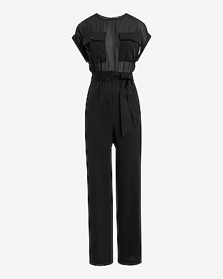 Sheer Top Satin Double Pocket Bow Waist Jumpsuit