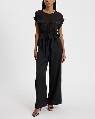 Sheer Top Satin Double Pocket Bow Waist Jumpsuit