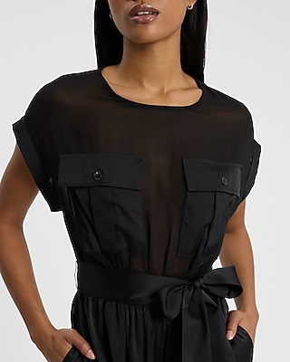 Sheer Top Satin Double Pocket Bow Waist Jumpsuit