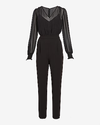 LONG SLV V NECK CHIFFON BODICE JUMPSUIT - 9417586:PITCH BLACK:XS PETITE