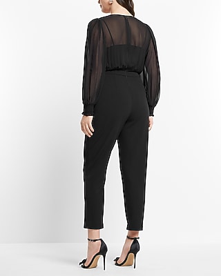 LONG SLV V NECK CHIFFON BODICE JUMPSUIT - 9417586:PITCH BLACK:XS PETITE