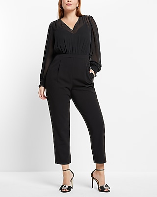 LONG SLV V NECK CHIFFON BODICE JUMPSUIT - 9417586:PITCH BLACK:XS PETITE