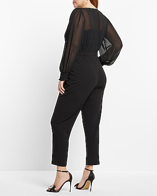 LONG SLV V NECK CHIFFON BODICE JUMPSUIT - 9417586:PITCH BLACK:XS PETITE