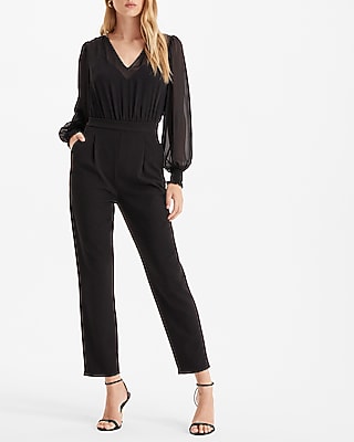 LONG SLV V NECK CHIFFON BODICE JUMPSUIT - 9417586:PITCH BLACK:XS PETITE