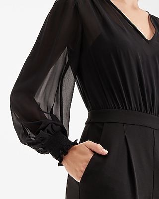 LONG SLV V NECK CHIFFON BODICE JUMPSUIT - 9417586:PITCH BLACK:XS PETITE