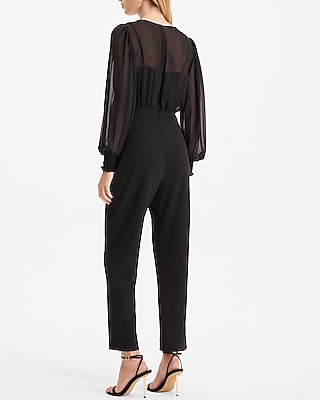 LONG SLV V NECK CHIFFON BODICE JUMPSUIT - 9417586:PITCH BLACK:XS PETITE