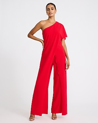 One Shoulder Draped Wrap Front Wide Leg Jumpsuit