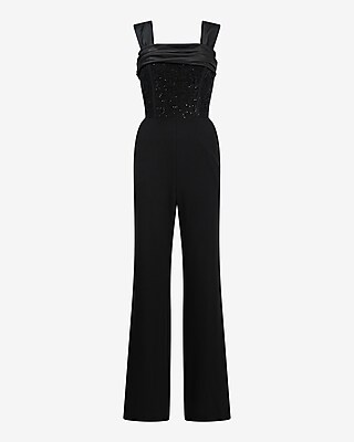 Mixed Media Satin Square Neck Sequin Wide Leg Jumpsuit