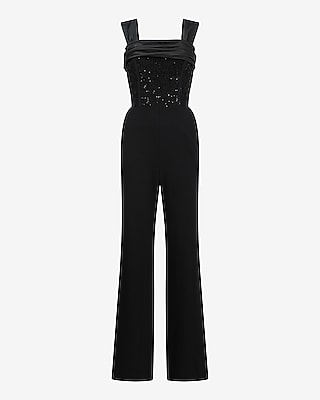 Mixed Media Satin Square Neck Sequin Wide Leg Jumpsuit
