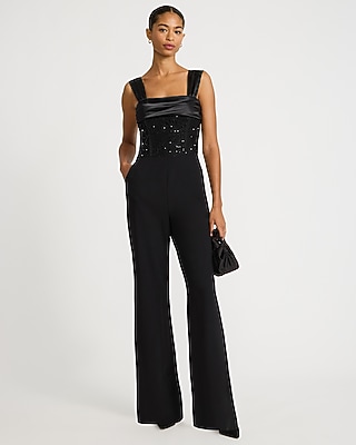 Mixed Media Satin Square Neck Sequin Wide Leg Jumpsuit