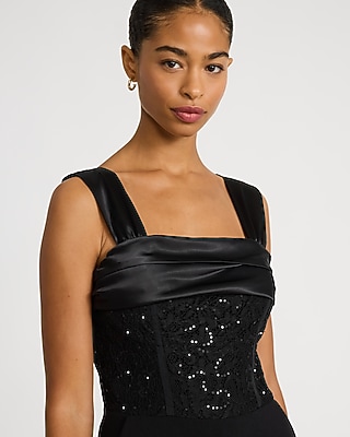 Mixed Media Satin Square Neck Sequin Wide Leg Jumpsuit