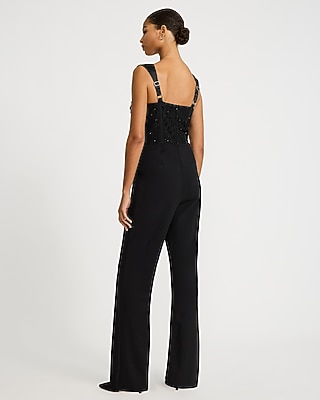 Mixed Media Satin Square Neck Sequin Wide Leg Jumpsuit