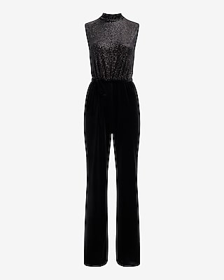 Shine Velvet Mock Neck Tie Waist Jumpsuit