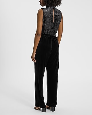 Shine Velvet Mock Neck Tie Waist Jumpsuit